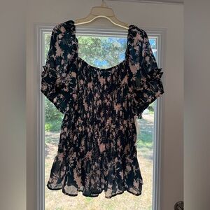 Sweet Rain Teal and Pink Puff Sleeve Smocked Blouse